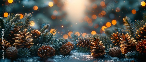 The spruce branches, pine cones, and acorns of the winter holidays are displayed on the background of a Christmas background with a photo frame, illumination, glowing stars. © Антон Сальников