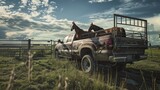 Muddy pickup truck with two horses in the bed on a rural farm