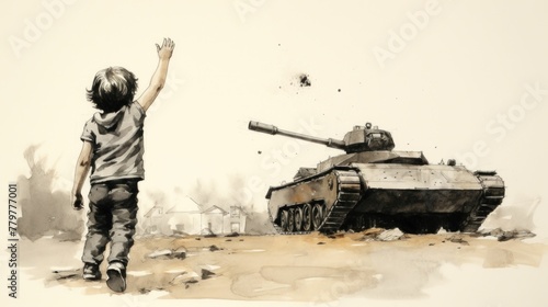 Vibrant watercolor painting of a young boy pointing at a tank in the middle of a field