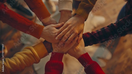 A team stacks hands together in a gesture of unity and cooperation.
