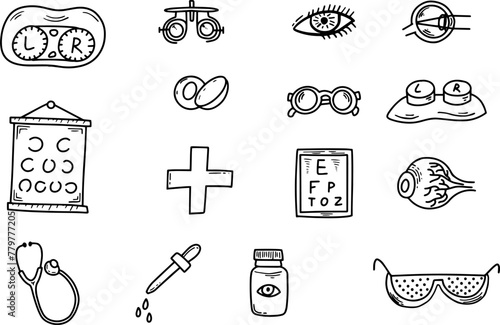 Doodle optometry icons set. Sketch medical health care vector illustration