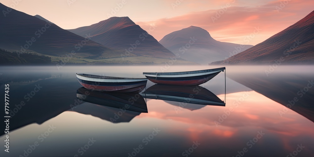 Bask in tranquility as boats gently sway at the pier, the serene waters mirroring the ethereal sky, evoking a sense of calm and relaxation. - obrazy, fototapety, plakaty 