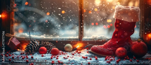 This Christmas banner depicts a Santa boot, balls, a bag with gifts, cones, and glowing lights outside the window...... photo