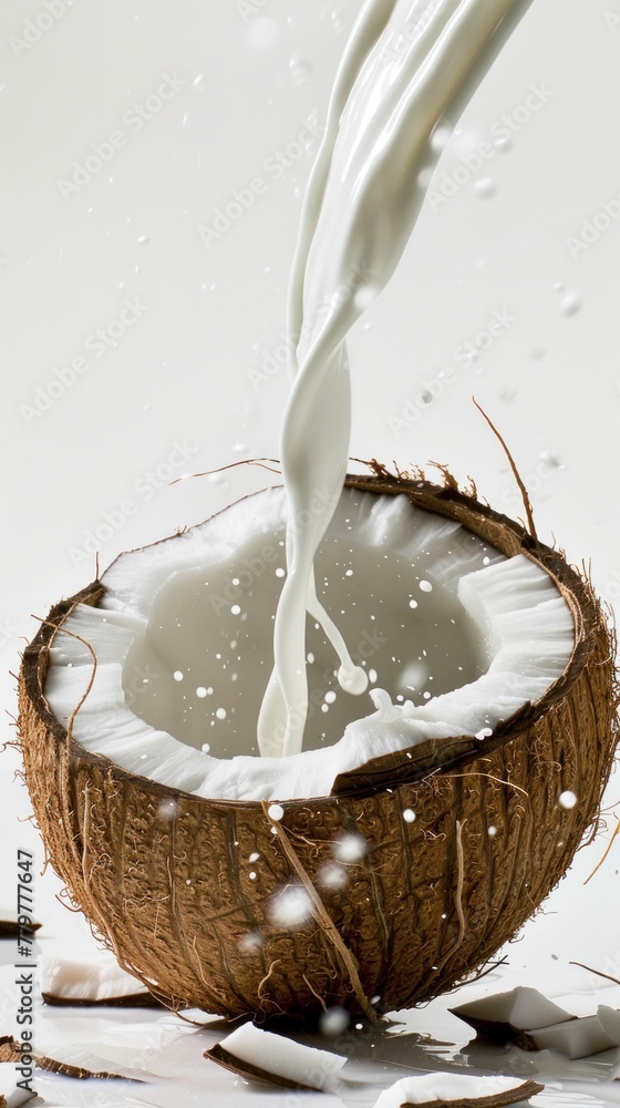 Fresh coconut milk and milk in a glass on a wooden table, with a whole coconut and spoonfuls of coconut milk scattered around Fresh coconut milk and milk in a glass on a wooden table, with a whole coconut and spoonfuls of coconut milk scattered around