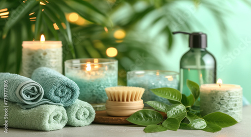 Serene spa setting with candles, towels, and greenery for relaxation.
