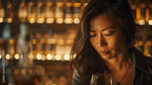 A contemplative Asian woman engaging in the ritual of tasting whiskey her experience a journey of flavors photo