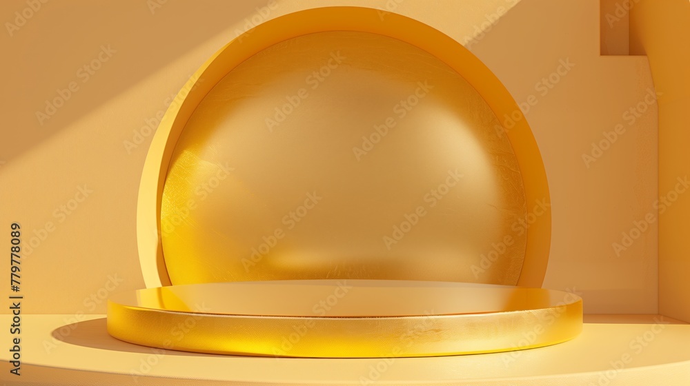 Fototapeta premium Minimalist yellow circular stage with an arched backdrop and textured surface