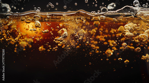 Soda water bubbles splashing underwater against black background. Cola liquid texture that fizzing and floating up to surface like a explosion in under water for refreshing carbonate drink concept