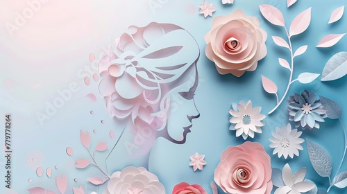 Poster featuring paper cut-style women adorned with flowers, ideal for beauty and nature-themed designs. Blue background with copy space