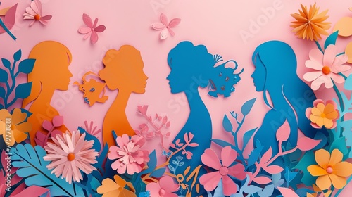 Poster featuring paper cut-style women adorned with flowers  ideal for beauty and nature-themed designs. Blue background with copy space
