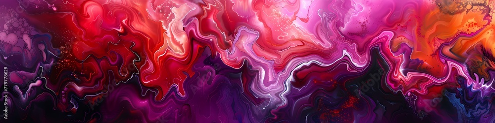 Swirls of ruby red and royal purple converge, forming a captivating dance of intense color on a vivid liquid canvas.