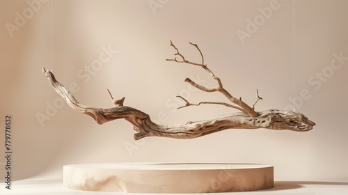 Suspended driftwood sculpture displayed against a beige background