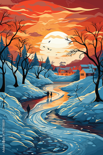 Ice skaters on a frozen river coloring page