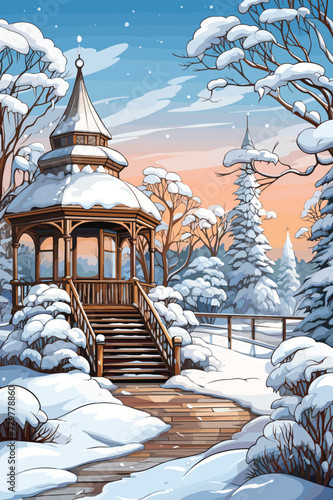 Snow-covered gazebo coloring page