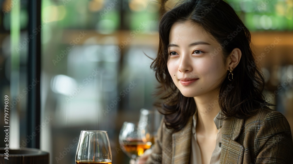 Asian woman in a moment of leisure her whiskey tasting session a testament to her discerning palate and the joys of solitude Asian woman in a moment of leisure her whiskey tasting session a testament to her discerning palate and the joys of solitude