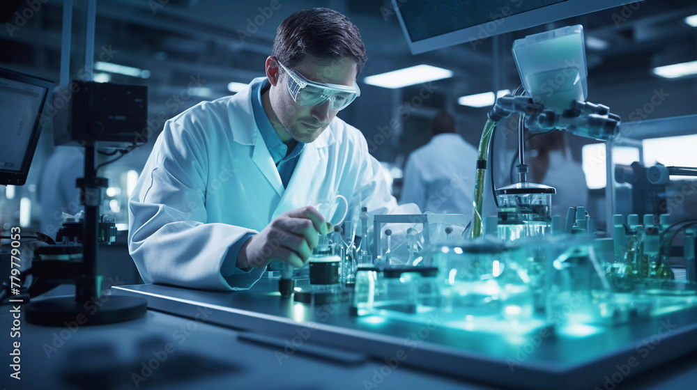 Young scientist wearing glasses and working in laboratory Young scientist wearing glasses and working in laboratory
