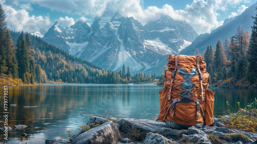 Hiking Orange Backpack on the Shore of a Lake in the Mountains. Ideal for Advertising Banner, Wallpaper, Social Media