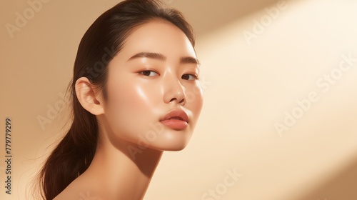 Beautiful asian girl model touching fresh glowing hydrated facial skin on beige background closeup. Beauty face young woman with natural makeup and healthy skin portrait. Skin care concept.