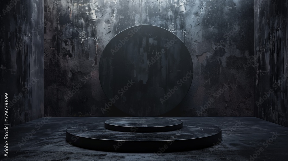 Contemporary dark scene with a circular black pedestal in a textured room - obrazy, fototapety, plakaty 