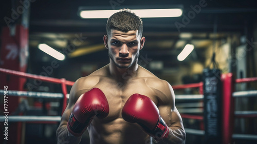 Portrait of boxer in the ring wearing gloves, boxer ready for fight  © kusum