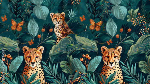 Pattern with jaguars in a jungle with plants, berries, butterflies and other fauna with teal and orange tones. Background for a wallpaper with an illustration with watercolors and acrylic paint