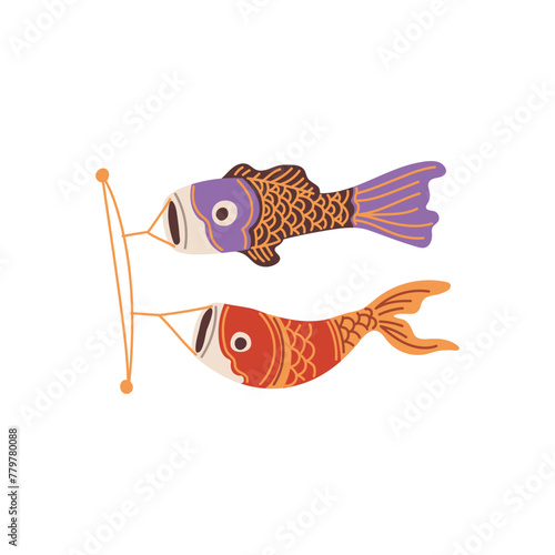 Carp streamer talisman, two koi fishes flag souvenir, vector Japanese Maneki Neko lucky symbol, great fortunes amulet