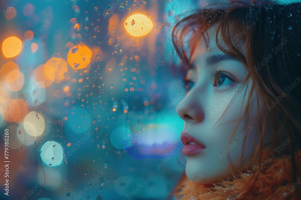 Detailed image of a contemplative woman by a window with raindrops, featuring glowing bokeh lights Detailed image of a contemplative woman by a window with raindrops, featuring glowing bokeh lights