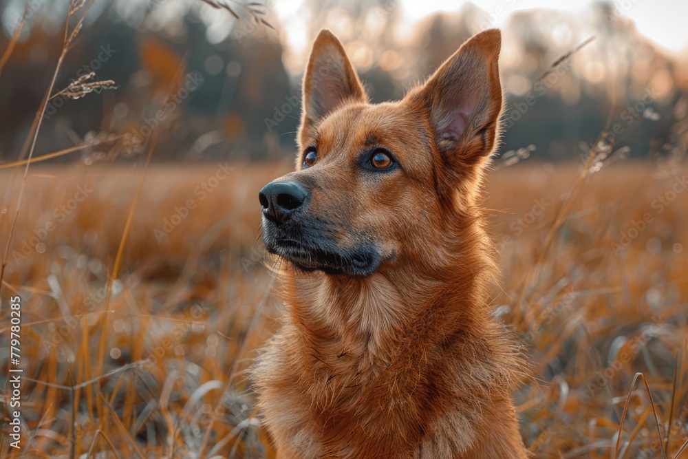 Naklejka premium Close-up of an attentive brown dog in a field with a warm, golden sunset light enveloping the tranquil scene