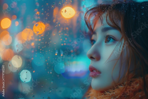 Detailed image of a contemplative woman by a window with raindrops, featuring glowing bokeh lights