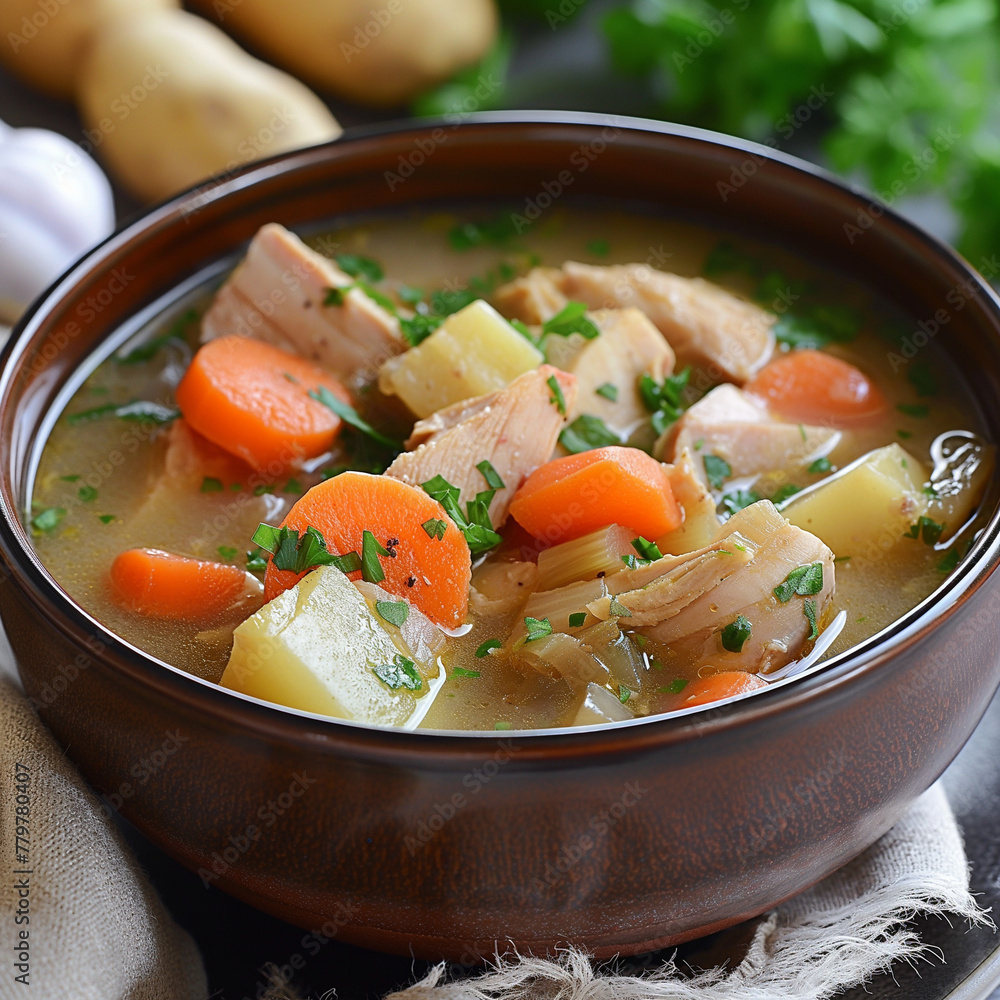 Home-Cooked Comfort: Hearty Chicken Soup with Carrots, Potatoes, and Parsley Garnish