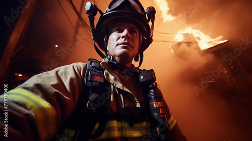 Portrait of a firefighter wearing helmet and suit, profession fireman for rescue photo