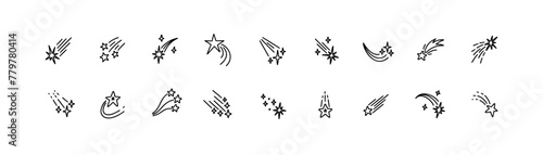 Set of doodle comets. Hand drawn falling stars. Sketchy night sky drawing. Simple cosmic line icons. Space meteor shooting. Asteroid tail. Crayon, ink, pen illustration. Galaxy star cluster.