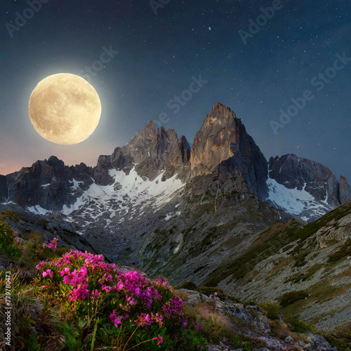 Flowers blooming on a full moon night