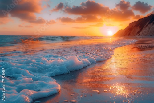 Golden sunset sky kisses the frothy waves of the sea on a beautiful sandy beach, creating a serene yet dynamic landscape