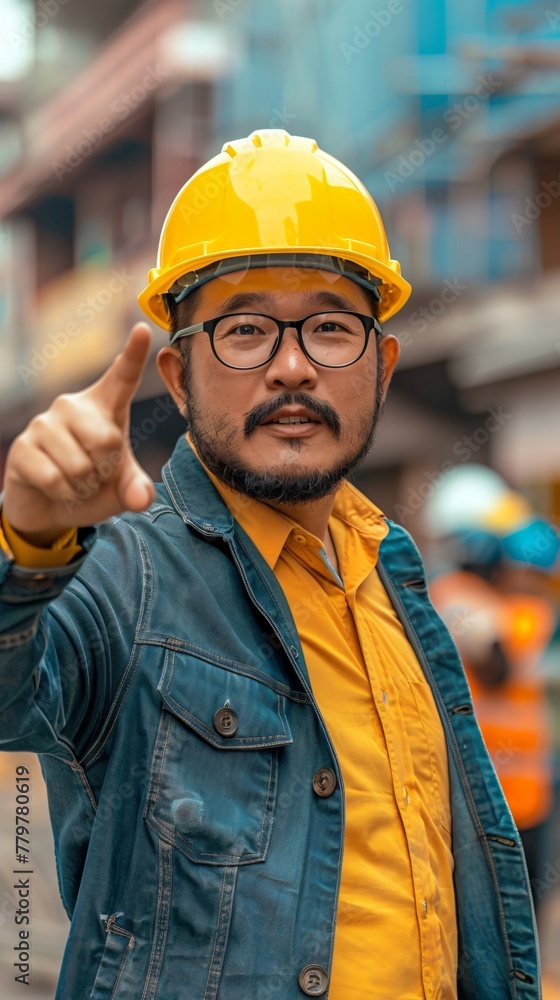 Civil engineer gesturing decisively symbolizing control and leadership in the complex construction process Civil engineer gesturing decisively symbolizing control and leadership in the complex construction process