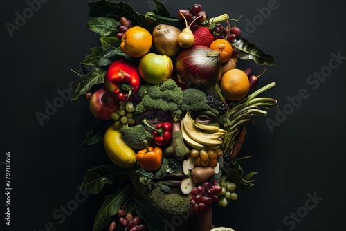 Artistic depiction of a human face made with assorted fruits and vegetables.