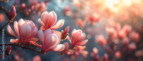 In the springtime, a sunny day is accompanied by flowers of pink magnolias #779780842