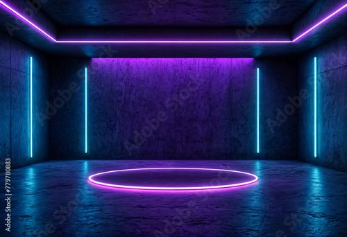 A dark room with concrete walls and floor, illuminated by blue and purple neon lights. Futuristic modern background, backdrop, wallpaper. Copy space. © Dalew