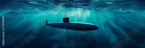 Generic military nuclear submarine floating in the middle of the ocean while shooting an undersea torpedo missile.