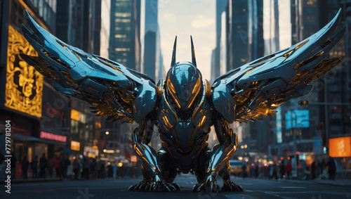 In the heart of a bustling cityscape, a sleek and stylish creature with metallic wings and glowing circuit patterns adorns the scene like a futuristic superhero.