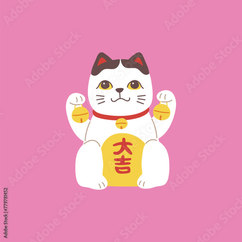 Maneki Neko, Japanese mascot cat with bells. Vector illustration.