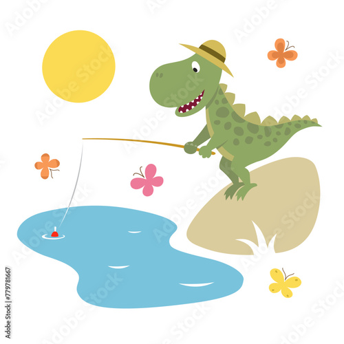 Cartoon Illustration of the cute Dinosaur in a straw hat standing on the sunny shore of the lake and holding fishing rod.