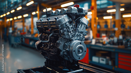 Car engine on a stand in a workshop ready for overhauling.