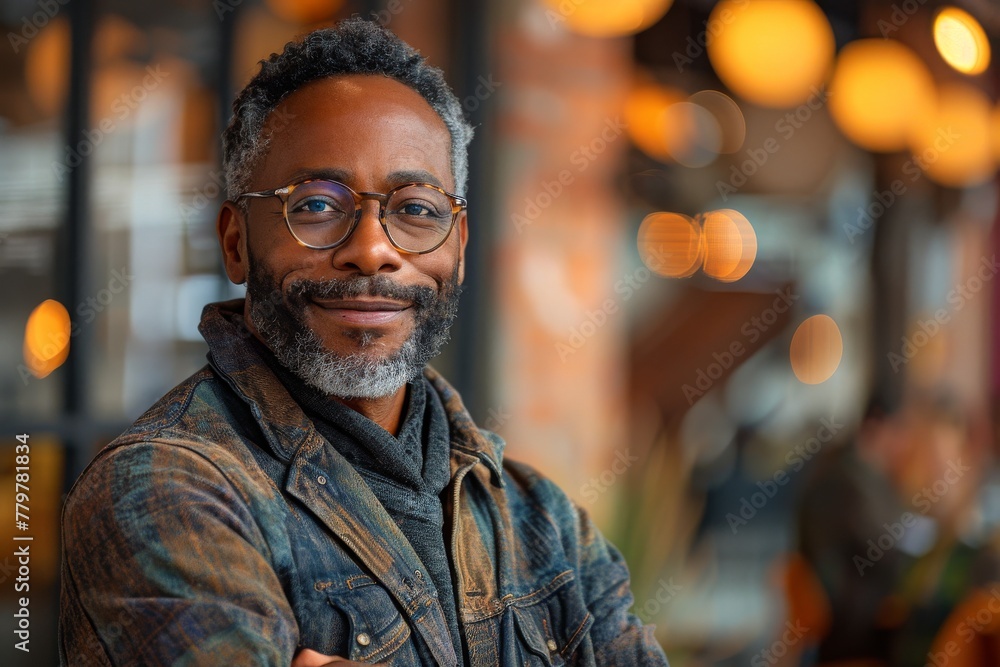 Confident smiling middle-aged man with stylish glasses posing indoors with soft bokeh background Confident smiling middle-aged man with stylish glasses posing indoors with soft bokeh background