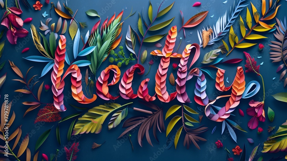 Stylized 'beauty' text with colorful paper art tropical leaves and flowers