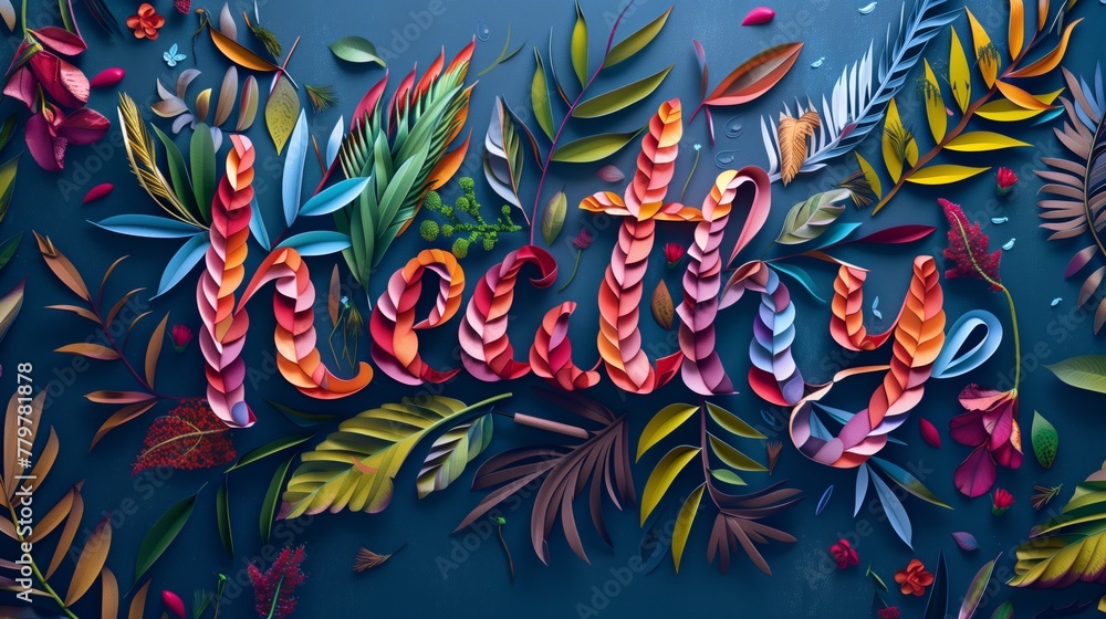 Fototapeta premium Stylized 'beauty' text with colorful paper art tropical leaves and flowers