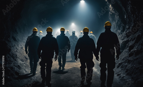 group of mine workers, dark mine