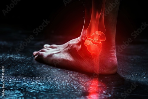 Barefoot walking on dark wooden floor. Bare foots with red effect of pain. Painful gout inflammation. Tingling and burning sensation in foot. Sensory neuropathy problems. Healthcare and podiatry. Legs photo