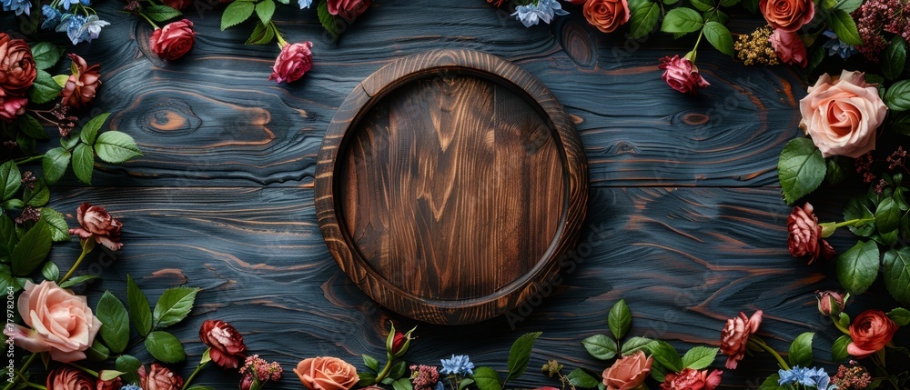 This background has a round frame with roses and orchid flowers and a blank space to place a photo or text. It is a top view. Flat lay. Copy space is provided. This background has a round frame with roses and orchid flowers and a blank space to place a photo or text. It is a top view. Flat lay. Copy space is provided.
