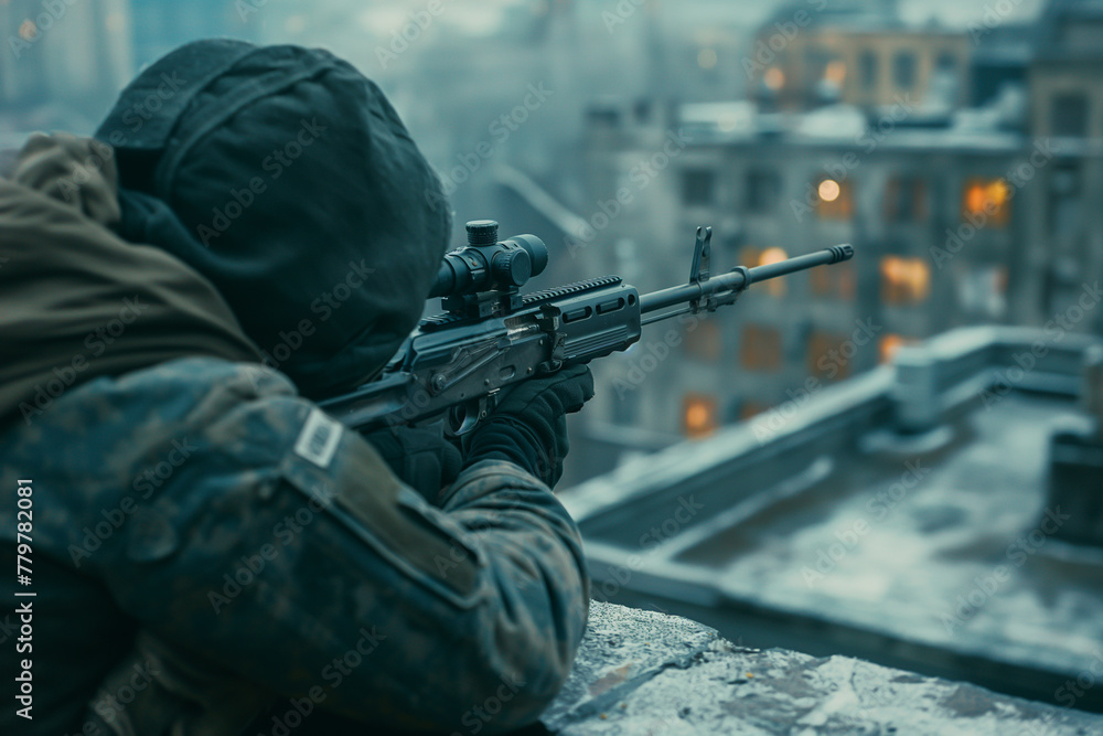 A squad of soldiers and special forces equipped with rifles, guns, and gas masks, dressed in winter camouflage uniforms, helmets, and carrying sniper weapons, stands ready for combat in a militarized A squad of soldiers and special forces equipped with rifles, guns, and gas masks, dressed in winter camouflage uniforms, helmets, and carrying sniper weapons, stands ready for combat in a militarized